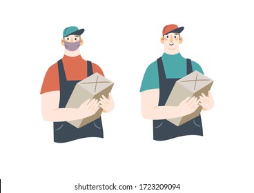 Vector illustration of a delivery man wearing a mask with a parcel in his hands. Cartoon style. Flat design. Great for postcards, prints, posters, stickers, etc.
