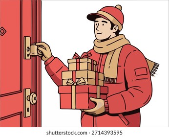 Vector illustration of a delivery man wearing winter clothes while knocking on a door and holding stacked gift boxes. Perfect for holiday delivery, Christmas logistics and seasonal lifestyle concepts.