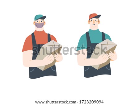 Vector illustration of a delivery man wearing a mask with a parcel in his hands. Cartoon style. Flat design. Great for postcards, prints, posters, stickers, etc.