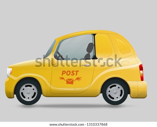 Vector illustration of delivery\
mini van. Side view, profile. Yellow k-car delivery. Cargo\
auto.