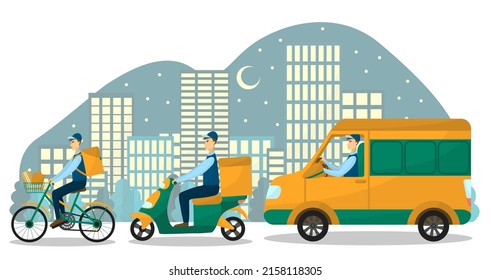 Vector illustration of the delivery at night. Vehicle with a driver and city on the background. Bike, scooter and van. Bicycle, motorcycle and truck. Online shopping and ordering. 