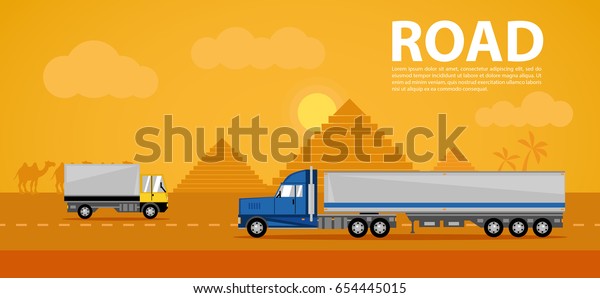Vector illustration of delivery process. Trucks\
drive in nature landscape. Flat style. Good for advertisement,\
banners, posters and\
cards.