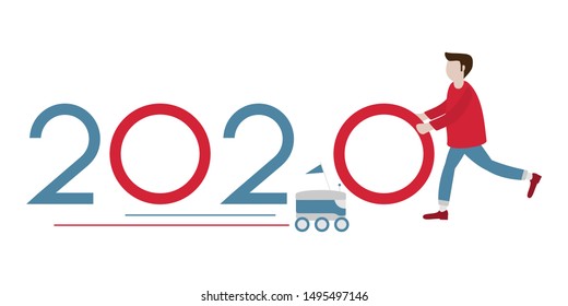 Vector illustration. Delivery with robot and people numbers for 2020. New year background. Design for web page, presentation, print.