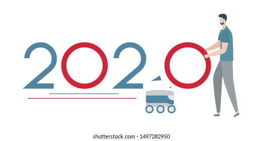 Vector illustration. Delivery with robot and people numbers for 2020. New year background. Design for web page, presentation, print.