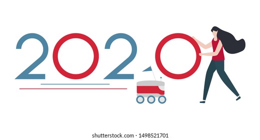 Vector illustration. Delivery with robot and people numbers for 2020. New year background. Design for web page, presentation, print.