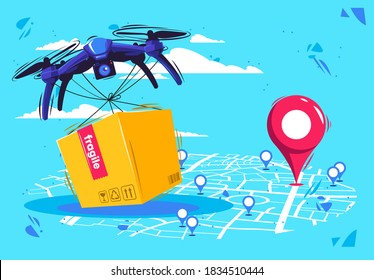 vector illustration of a delivery service by air, delivery of goods and boxes by air using flying drones, with a city map and geolocation tags