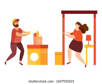 Vector illustration of delivery service concept. Fast and free delivery. Mobile app. Safety contactless delivery during quarantine. Courier delivered the order to the home or to the office. 