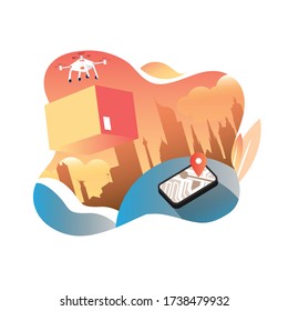 vector illustration for delivery service man who using a drone to send the box of package in city town