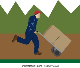 Vector illustration of a delivery service. Delivery of parcels on a cart by courier. Web icon symbol design.