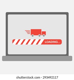 Vector illustration delivery service. Red Abstract Truck On Computer, Laptop.