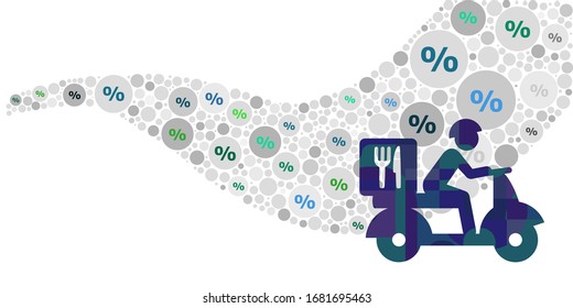 vector illustration for delivery service with scooter worker and discount sale symbols
