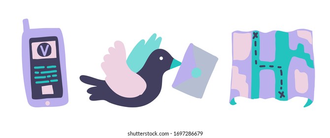 Vector illustration with delivery symbols. Carrier pigeon with envelope, smartphone and paper card. Symbols of delivery and movement. Flat transport company icon and logo