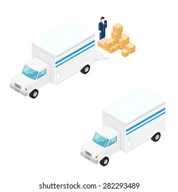 A vector illustration of a delivery truck with driver and boxes.
Isometric Delivery truck icon illustration.
vehicular transportation of commercial goods.