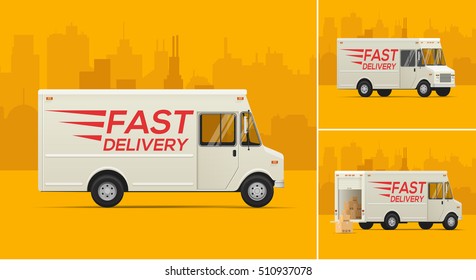 Vector Illustration of the Delivery Truck. Fast delivery truck. Delivery truck in different angles. Isometric Styled.