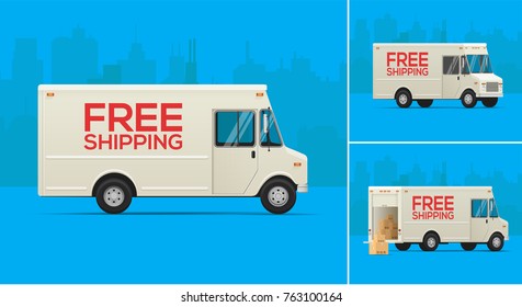 Vector Illustration of the Delivery Truck. Free Shipping truck. Delivery truck in different angles. Isometric Styled.