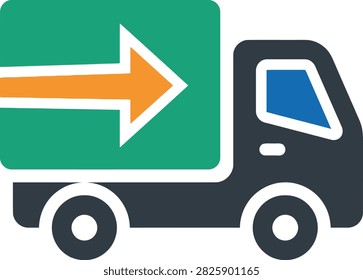 Vector illustration of a delivery truck icon with a green cargo box and orange arrow, symbolizing fast shipping, logistics, freight forwarding, and express postal transportation services