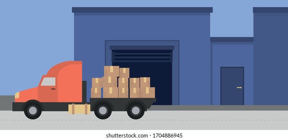  Vektorillustration. Lieferwagen mit Kartonboxen. Lieferungs- und Versanddienstleistungs-Konzept.