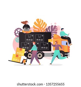 Vector illustration of delivery truck, loader pushing cart with cardboard boxes. Fast delivery concept for web banner, website page etc.