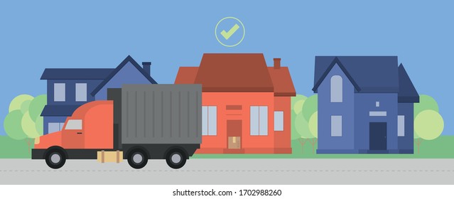 Vector illustration. Delivery truck. Logistics, transportation and shipping service concept.