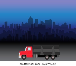 Vector Illustration of delivery truck on the city silhouette. Transportation for shipping and freight goods.