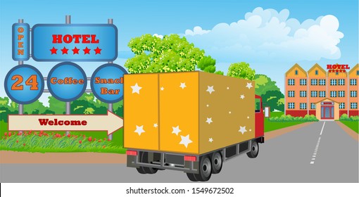 Vector illustration with a delivery truck turns from the main road to a five star hotel. A large billboard is on the roadside.