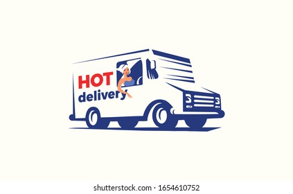 Vector Illustration of the Delivery Truck with woman driver inside. Template design