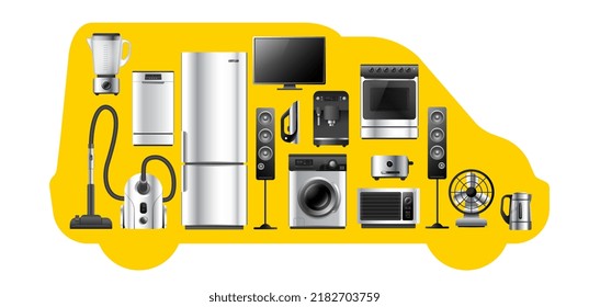 Vector illustration of delivery van shape with realistic silver color different appliance on white background. 3d style shine appliance collection design for web, site, banner, print, poster