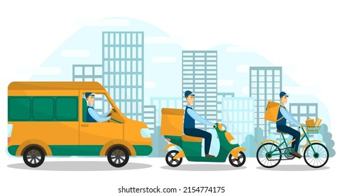 Vector illustration of the delivery at vehicle with a drivers and city on the background. Bike, scooter and van. Bicycle, motorcycle and truck. Online shopping and ordering. Food delivering