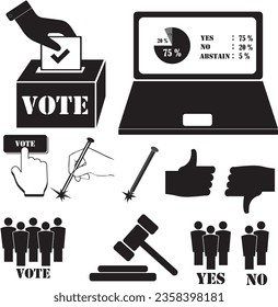 Vector illustration of democracy and election elements, including percentages, voting, ballots, and hands pressing the vote button. Ideal for democracy-themed projects. 