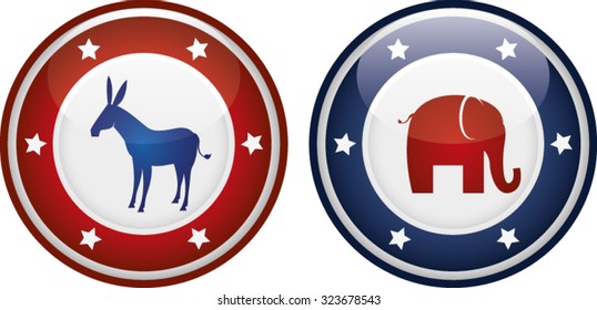 Vector illustration of democrats vs republicans mascots on a badge or shield.