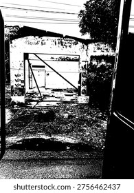 Vector illustration of a demolished house interior viewed through a doorway. High contrast stencil art of urban ruins, open structures, and weathered concrete for gritty, abandoned building design.