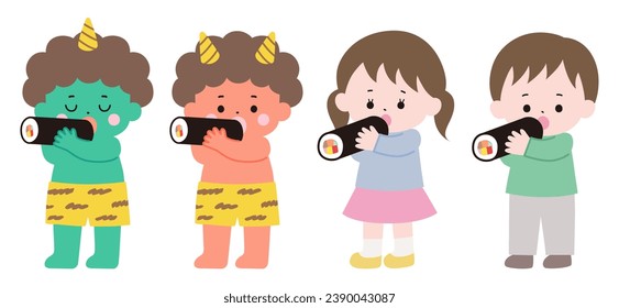 Vector illustration of a demon and a child eating ehomaki. Setsubun, boys and girls