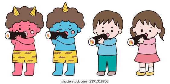 Imagen vectorial de un demonio y un niño comiendo ehomaki. Setsubun, niños, niñas, demonios rojos, demonios azules
