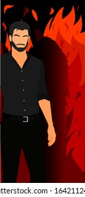 Vector illustration of a demon in the fire on a black background.