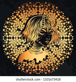Vector illustration. Demon, Girl with horns, stars. Handmade, prints on T-shirts, tattoos, background chalkboard,gold color