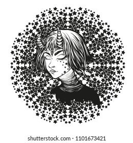 Vector illustration. Demon, Girl with horns, stars. Handmade, prints on T-shirts, tattoos, background white