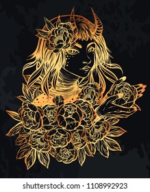 Vector illustration. Demon. Girl with horns. Peonies in the hands. Bouquet of peonies. background chalkboard, gold color. Handmade, prints on T-shirts, tattoos