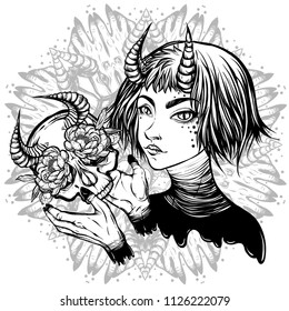 Vector illustration. Demon. Girl with horns. Skull in her hands. Magic. Handmade, background white, prints on T-shirts, tattoos