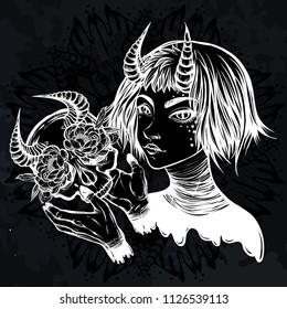 Vector illustration. Demon. Girl with horns. Skull in her hands. Magic. Handmade, background chalkboard, prints on T-shirts