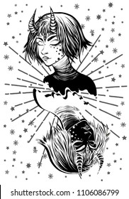 Vector illustration. Demon, Girls with horns, twins. Handmade, prints on T-shirts, tattoos, background white