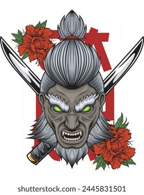 Vector Illustration of Demon Head with Katana Swords And Flowers with Vintage Illustration Available for Tshirt Design