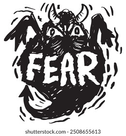  Vector illustration of a demon on a black background with the text fear.