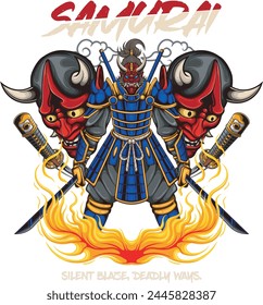 Vector Illustration of Demon Samurai with Demon Head and Katana Swords with Vintage Illustration Available for Tshirt Design