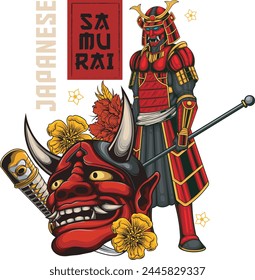 Vector Illustration of Demon Samurai with Demon Head, Flowers and Katana Swords with Vintage Illustration Available for Tshirt Design