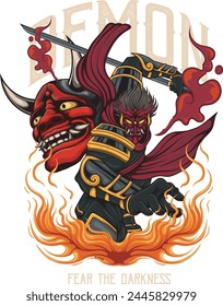 Vector Illustration of Demon Samurai with Demon Head with Vintage Illustration Available for Tshirt Design