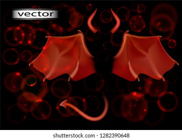 Vector illustration of a demon supernatural being with glowing wings horns and tail symbol of evil and darkness
