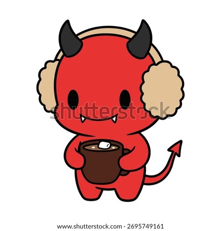 vector illustration of a demon wearing earmuffs and holding a hot cocoa mug