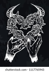Vector illustration. demonic hands with eyes, wreath of peonies flowers, mysticism. Handmade, prints on T-shirts. background chalkboard, tattoos