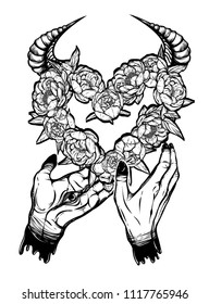 Vector illustration. demonic hands with eyes, wreath of peonies flowers, mysticism. Handmade, prints on T-shirts. background white, tattoos