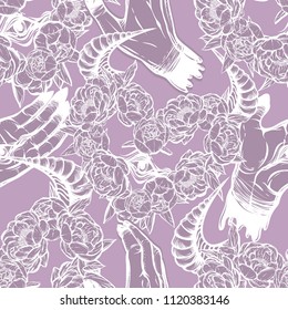 Vector illustration. demonic hands with eyes, wreath of peonies flowers, mysticism. Handmade, prints on T-shirts. seamless pattern, purple background